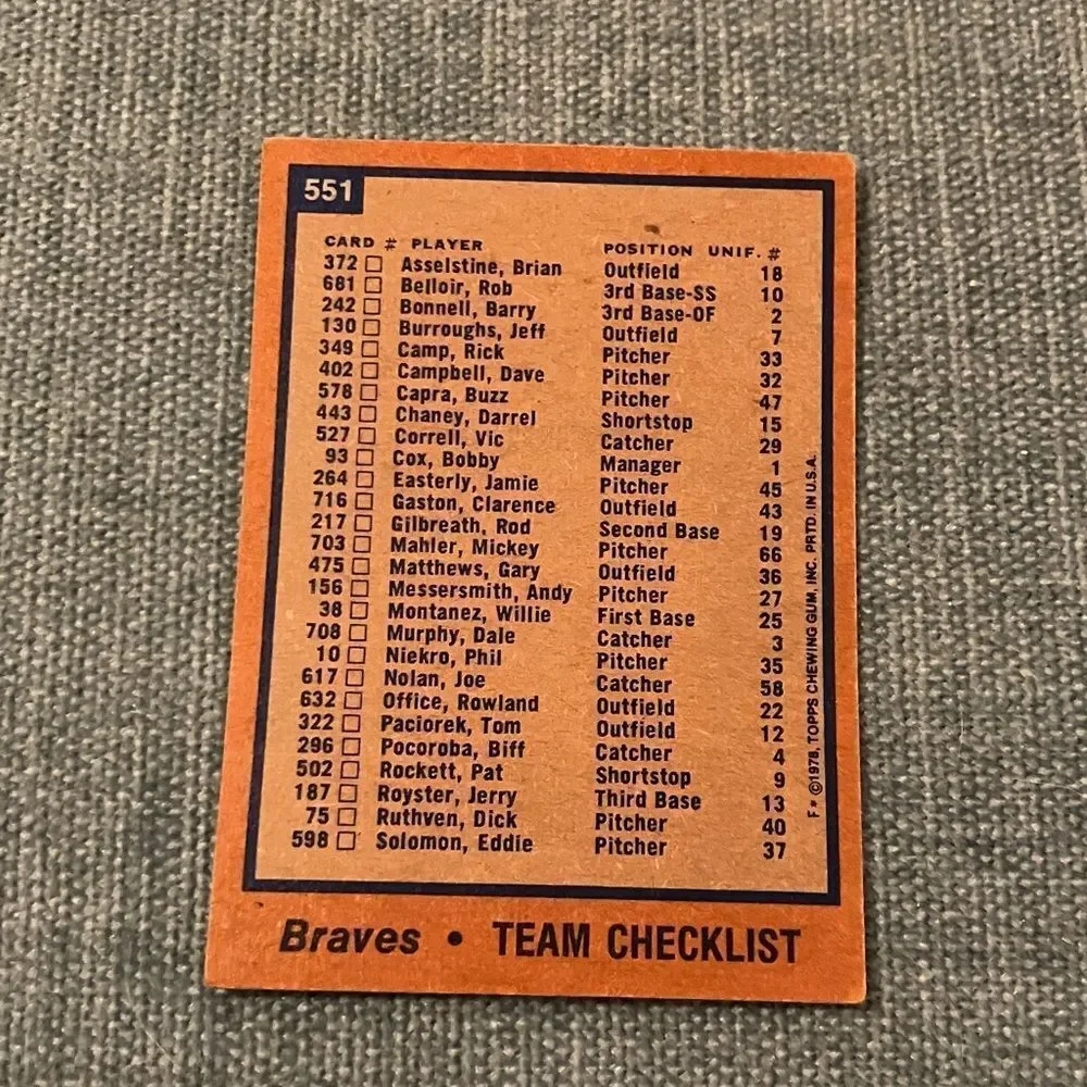 1978 Topps Atlanta Braves Baseball Card Trading Card